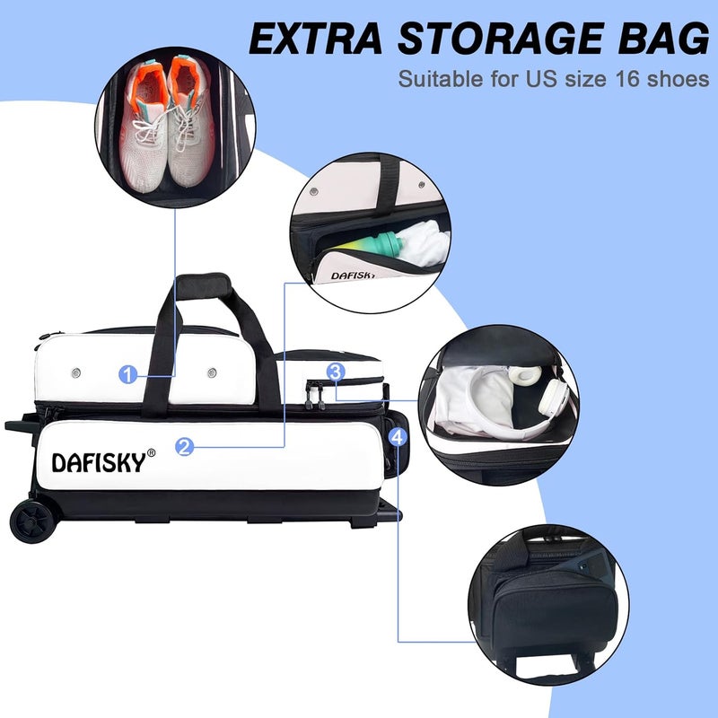 DAFISKY 3 ball bowling bags with wheels, bowling ball bag 3 ball roller with Multiple Pockets Retractable Handle - Image 5